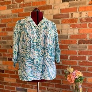 Chico’s Linen Jacket Teal Blue Lime Lightweight Pockets Size 3 (14)